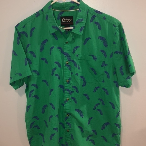 Plugg size large button down shirt green with parrot graphics - Picture 10 of 12